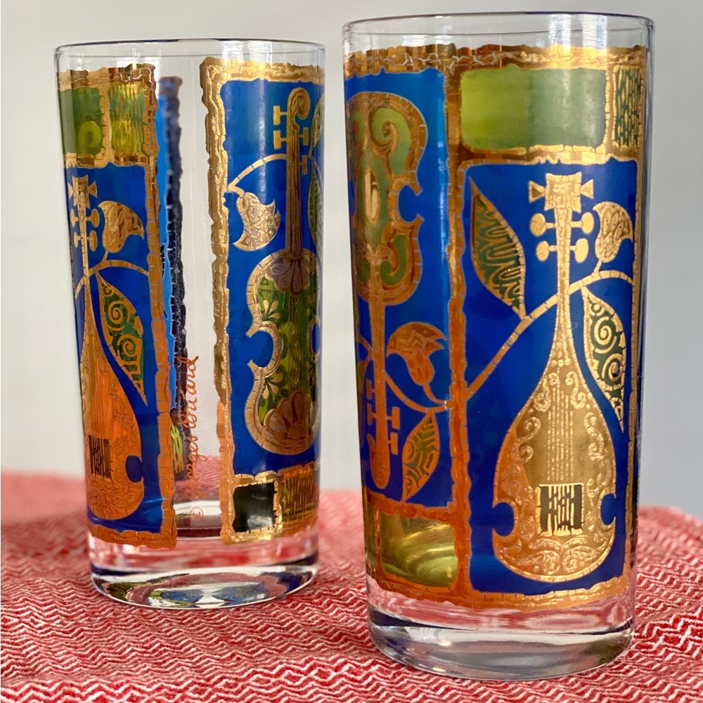 Vintage Mid Century Georges Briard Instrument Highball Glasses, Set of 2